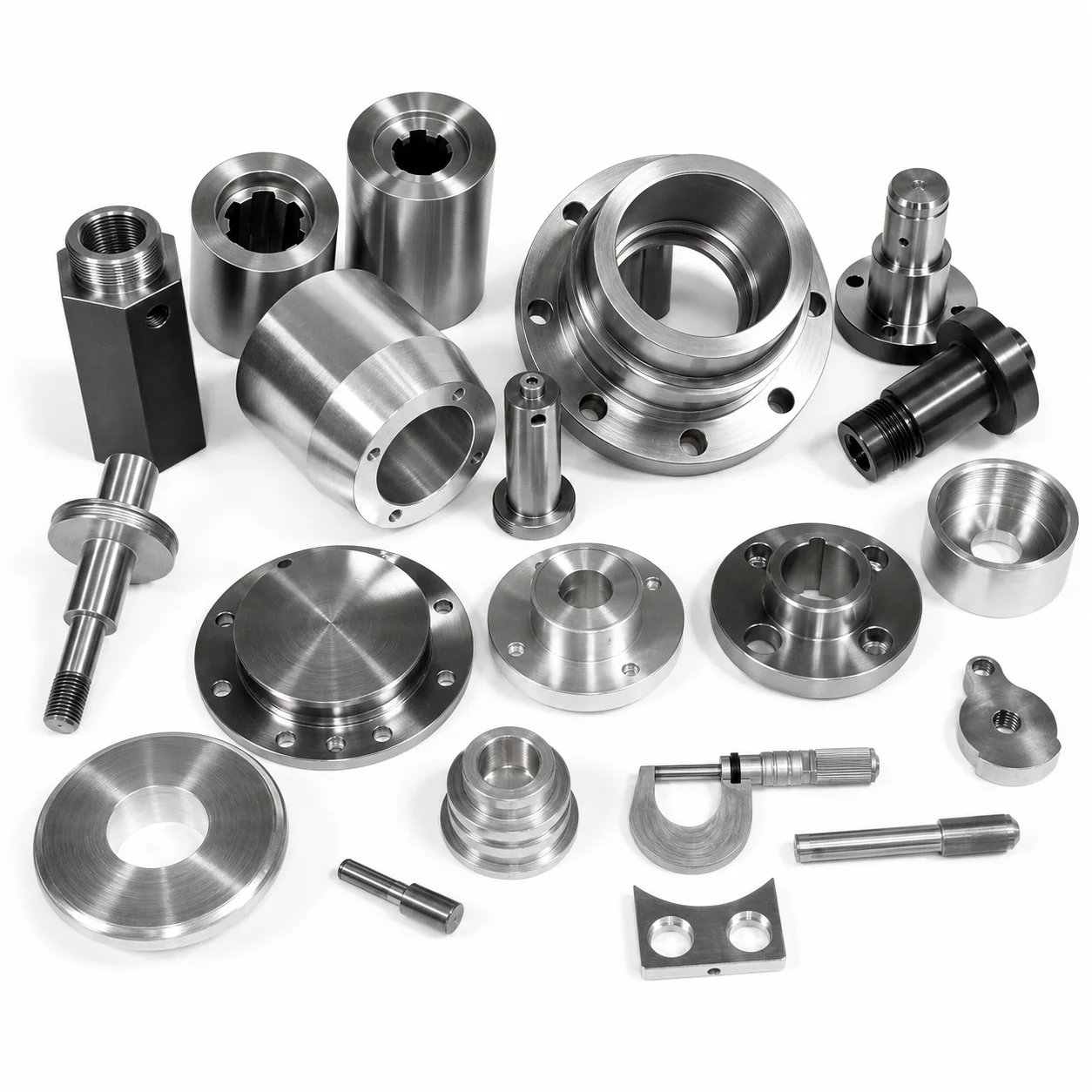 CNC machined parts assortment — group view